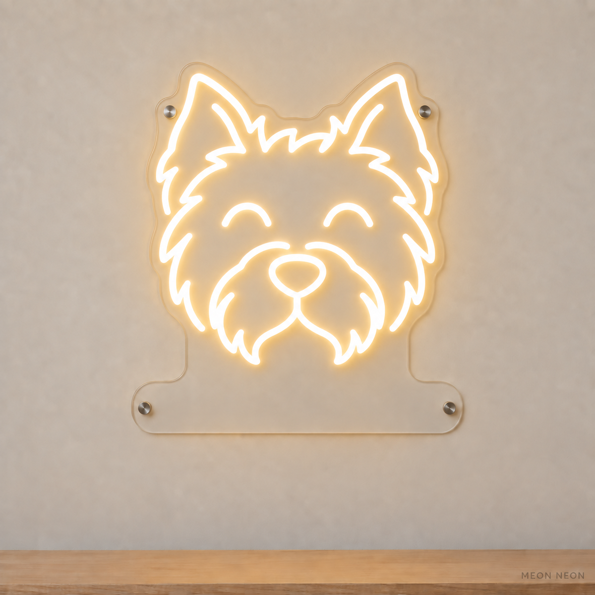 MEON NEON-watermarked concept mockup of a Warm White West Highland White Terrier head LED neon sign with a blank acrylic area for a UV-printed breed caption or dog name.