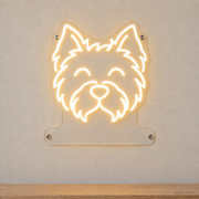 MEON NEON-watermarked concept mockup of a Warm White West Highland White Terrier head LED neon sign with a blank acrylic area for a UV-printed breed caption or dog name.