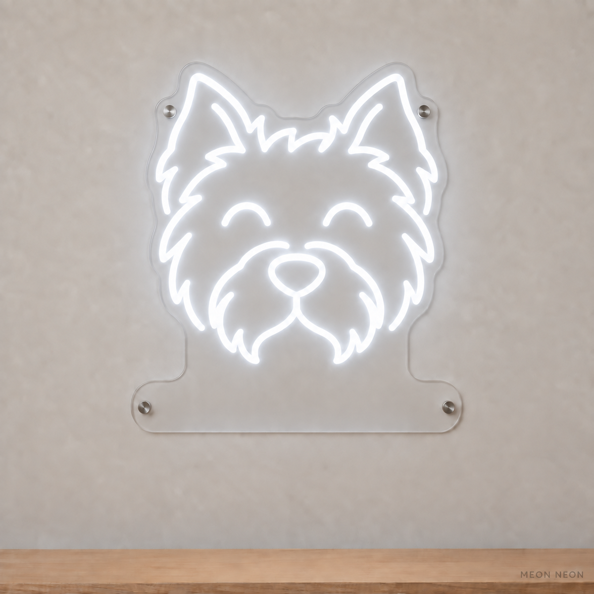 MEON NEON-watermarked concept mockup of a White West Highland White Terrier head LED neon sign with a blank acrylic area for a UV-printed breed caption or dog name.