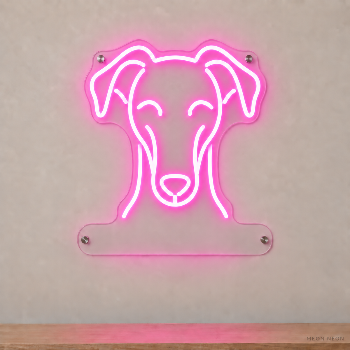 MEON NEON-watermarked concept mockup of a Pink Whippet head LED neon sign with a blank acrylic area for a UV-printed breed caption or dog name.