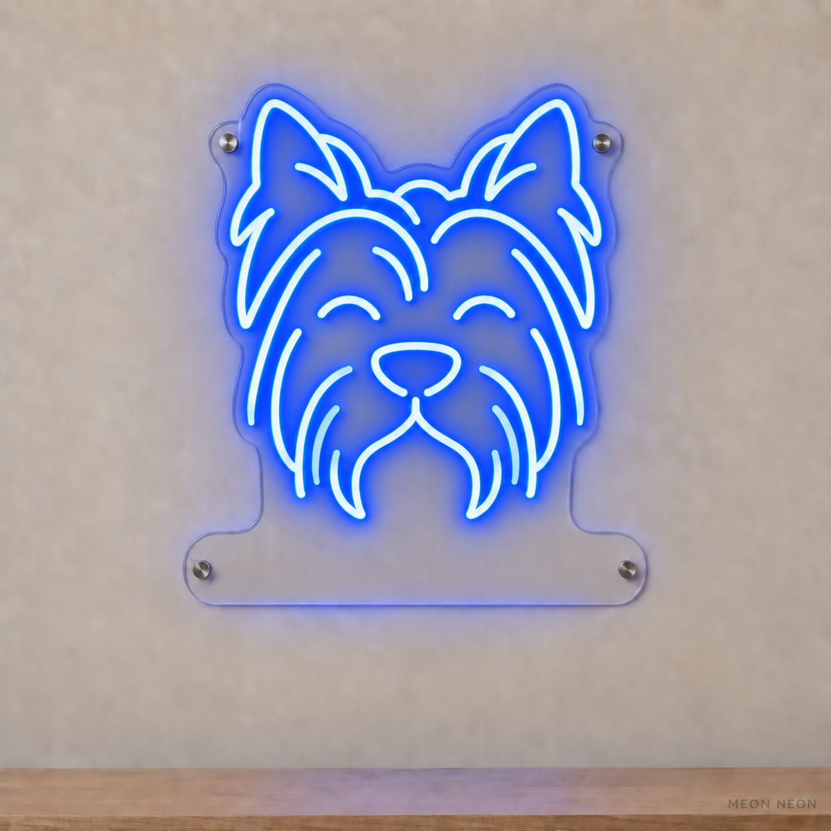 MEON NEON-watermarked concept mockup of a Blue Yorkshire Terrier head LED neon sign with a blank acrylic area for a UV-printed breed caption or dog name.